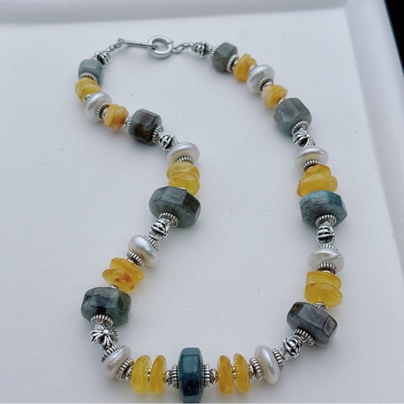 X798 Handmade Coin Shape Freshwater Baroque Pearl Agate Amber Necklace - Picture 11 of 11